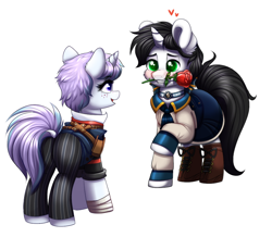Size: 936x817 | Tagged: safe, artist:confetticakez, oc, oc only, species:pony, species:unicorn, g4, bioshock infinite, clothing, commission, crossover, cute, female, flower, freckles, heart, male, mare, oc x oc, open mouth, raised hoof, rose, shipping, simple background, smiling, stallion, straight, white background