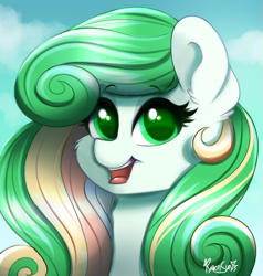 Size: 527x554 | Tagged: safe, artist:confetticakez, oc, oc only, oc:lucky charms, species:pony, g4, cloud, cute, female, green eyes, looking at you, mare, multicolored hair, sky, solo