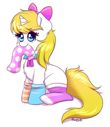 Size: 651x745 | Tagged: safe, artist:confetticakez, oc, oc only, species:pony, species:unicorn, g4, bow, chest fluff, clothing, cute, female, gift art, hair bow, hnnng, mare, mouth hold, ocbetes, simple background, sitting, smiling, socks, solo, striped socks, white background