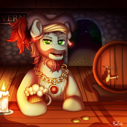 Size: 2000x2000 | Tagged: safe, artist:confetticakez, oc, oc only, species:earth pony, species:pony, g4, alcohol, beard, candle, facial hair, jewelry, male, necklace, pirate, ruby, solo, stallion, tavern