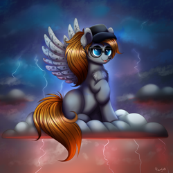 Size: 2000x2000 | Tagged: safe, artist:confetticakez, oc, oc only, species:pegasus, species:pony, g4, clothing, cloud, commission, hat, lightning, raised hoof, sitting, smiling, solo, tongue out