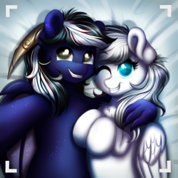 Size: 2000x2000 | Tagged: safe, artist:confetticakez, oc, oc only, species:dracony, species:pegasus, species:pony, g4, camera, camera shot, colored pupils, commission, cute, duo, female, hybrid, looking at you, male, mare, ocbetes, one eye closed, selfie, smiling, stallion