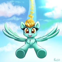 Size: 1000x1000 | Tagged: safe, artist:confetticakez, character:lightning dust, species:pegasus, species:pony, g4, chest fluff, cute, dustabetes, female, flying, incoming hug, looking at you, mare, open mouth, sky, solo, speed trail, spread wings, wings