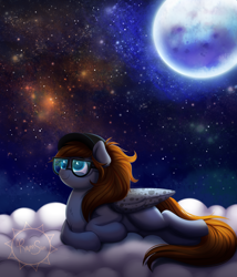 Size: 3000x3500 | Tagged: safe, artist:confetticakez, oc, oc only, species:pegasus, species:pony, g4, clothing, cloud, commission, cute, female, galaxy, glasses, hat, lying down, mare, moon, night, ocbetes, solo