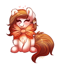 Size: 770x816 | Tagged: safe, artist:confetticakez, oc, oc only, oc:raven sun, species:earth pony, species:pony, g4, blushing, bow, bow tie, cheek fluff, chest fluff, cute, eyes closed, feather in hair, female, fluffy, happy, heart, hoof fluff, leg fluff, mare, neck bow, ocbetes, open mouth, simple background, sitting, smiling, solo, sparkles, white background