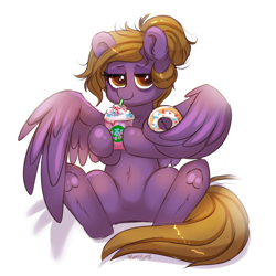 Size: 1000x1000 | Tagged: safe, artist:confetticakez, oc, oc only, species:pegasus, species:pony, g4, cute, donut, drinking, female, food, hair bun, looking at you, mare, ocbetes, simple background, solo, starbucks, tired, underhoof, unicorn frappuccino, white background
