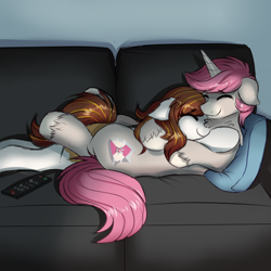 Size: 1000x1000 | Tagged: safe, artist:confetticakez, oc, oc only, oc:intrepid charm, oc:raven sun, species:earth pony, species:pony, species:unicorn, g4, couch, cuddling, eyes closed, female, male, mare, snuggling, stallion, tv controller