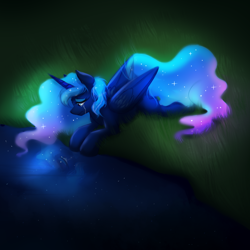 Size: 1000x1000 | Tagged: safe, artist:confetticakez, character:princess luna, species:pony, g4, crying, grass, night, prone, reflection, solo