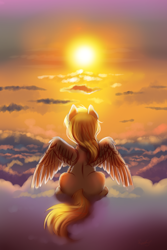 Size: 1000x1500 | Tagged: safe, artist:confetticakez, character:derpy hooves, species:pegasus, species:pony, g4, backlighting, cloud, female, mare, rear view, sitting, solo, spread wings, sunset, twilight (astronomy), wings