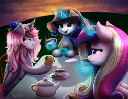 Size: 3300x2550 | Tagged: safe, artist:confetticakez, character:princess cadance, character:rarity, oc, oc:nellie, species:alicorn, species:pony, species:unicorn, g4, alicorn oc, cup, cute, drinking, eyes closed, flower, flower in hair, food, magic, sandwich, smiling, table, tea party, teacup, teapot, trio