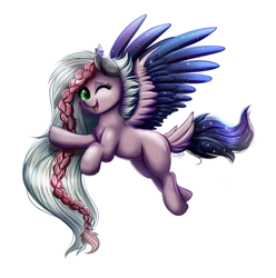Size: 1564x1579 | Tagged: safe, artist:confetticakez, oc, oc only, species:pegasus, species:pony, g4, braid, female, flying, mare, original species, simple background, smiling, solo, white background