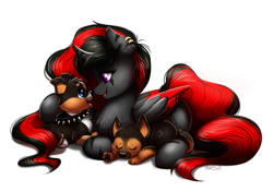 Size: 1543x1080 | Tagged: safe, artist:confetticakez, oc, oc only, oc:darknight, species:alicorn, species:pony, g4, collar, female, lying down, mare, pet, puppy, red and black oc, simple background, white background