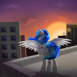 Size: 2000x2000 | Tagged: safe, artist:confetticakez, oc, oc only, oc:coldfire, species:pony, g4, city, cityscape, fangs, female, mare, rear view, rooftop, solo, sunset, wings