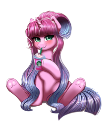 Size: 1670x1866 | Tagged: safe, artist:confetticakez, oc, oc only, oc:sugarlace, species:pony, species:unicorn, g4, blushing, female, looking at you, mare, simple background, sitting, solo, starbucks, underhoof, unicorn frappuccino, white background