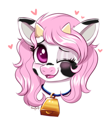 Size: 624x680 | Tagged: safe, artist:confetticakez, oc, oc only, species:cow, species:pony, g4, bell, cowbell, female, one eye closed, pink mane, purple eyes, solo