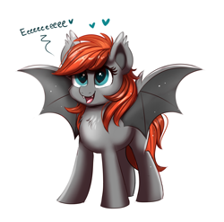 Size: 1154x1139 | Tagged: safe, artist:confetticakez, oc, oc only, oc:grem, species:bat pony, species:pony, g4, bat pony oc, chest fluff, cute, ear fluff, eeee, fangs, female, heart, hnnng, mare, open mouth, simple background, smiling, solo, spread wings, white background, wings