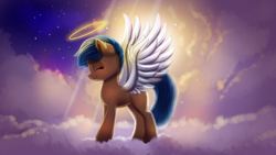 Size: 1920x1080 | Tagged: safe, artist:confetticakez, oc, oc only, species:pegasus, species:pony, g4, angel, angelic wings, cloud, female, halo, mare, sky, smiling, solo, tribute