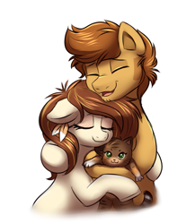 Size: 731x844 | Tagged: safe, artist:confetticakez, oc, oc only, species:pony, g4, :3, brown coat, brown mane, cat, duo, eyes closed, female, hug, male, mare, open mouth, simple background, smiling, stallion, white background, white coat