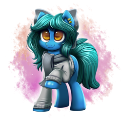 Size: 1030x998 | Tagged: safe, artist:confetticakez, oc, oc only, species:earth pony, species:pony, g4, clothing, ear piercing, female, mare, piercing, raised hoof, scarf, solo, sweater
