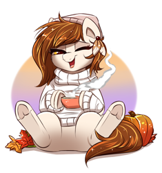 Size: 924x981 | Tagged: safe, artist:confetticakez, oc, oc only, oc:raven sun, species:earth pony, species:pony, g4, autumn, autumn leaves, beanie, clothing, coffee, cute, featureless crotch, female, hat, mare, pumpkin, simple background, sitting, smiling, solo, sweater, underhoof