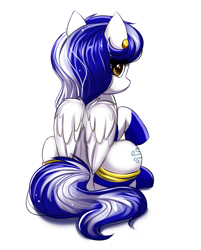 Size: 759x946 | Tagged: safe, artist:confetticakez, oc, oc only, oc:jet stream, species:pegasus, species:pony, g4, clothing, cute, ear piercing, earring, female, folded wings, jewelry, looking at you, looking back, looking back at you, mare, ocbetes, pegasus oc, piercing, raised hoof, rear view, simple background, sitting, socks, solo, white background