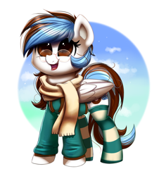 Size: 904x1000 | Tagged: safe, artist:confetticakez, oc, oc only, oc:blitz, species:pegasus, species:pony, g4, clothing, cute, female, glasses, happy, hoodie, mare, scarf, simple background, smiling, socks, solo, striped socks, ych result