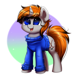 Size: 1000x1000 | Tagged: safe, artist:confetticakez, oc, oc only, oc:disterious, species:pony, species:unicorn, g4, blue eyes, clothing, cute, happy, horn, male, orange mane, orange tail, simple background, smiling, solo, stallion, sweater, ych result