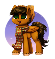 Size: 931x1000 | Tagged: safe, artist:confetticakez, oc, oc only, oc:thunder chaser, species:pegasus, species:pony, g4, beanie, clothing, happy, hat, male, scarf, simple background, smiling, solo, stallion, unshorn fetlocks, ych result