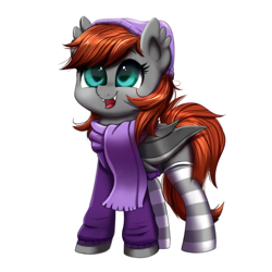 Size: 1000x1000 | Tagged: safe, artist:confetticakez, oc, oc only, oc:grem, species:bat pony, species:pony, g4, adorable face, bat pony oc, beanie, clothing, cute, grembetes, happy, hat, hnnng, hoodie, scarf, simple background, smiling, socks, solo, striped socks, white background, ych result