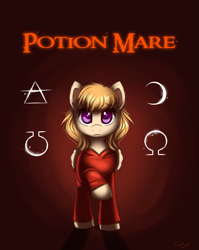 Size: 1355x1700 | Tagged: safe, artist:confetticakez, oc, oc only, oc:melody (potion mare), species:pegasus, species:pony, fanfic:potion mare, g4, alchemist, alchemy, clothing, digital art, fanfic, fanfic art, female, folded wings, frown, long mane, looking at you, looking up, mare, potion, purple eyes, raised hoof, red background, robe, simple background, solo, standing, symbol, symbols