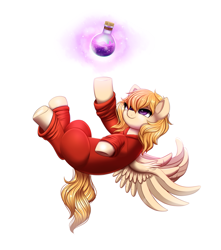 Size: 1899x2151 | Tagged: safe, alternate version, artist:confetticakez, oc, oc only, oc:melody (potion mare), species:pegasus, species:pony, fanfic:potion mare, g4, alchemist, bottle, clothing, digital art, fanfic, fanfic art, female, levitation, long mane, magic, mare, potion, purple eyes, reaching, reaching out, robe, simple background, smiling, solo, spread wings, telekinesis, upside down, white background, wings