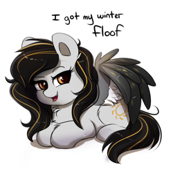 Size: 770x765 | Tagged: safe, artist:confetticakez, oc, oc only, oc:raven sun, species:pegasus, species:pony, g4, cute, dialogue, female, fluffy, lying down, mare, ocbetes, prone, simple background, smiling, solo, white background, winter fluff