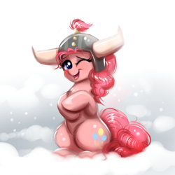 Size: 1000x1000 | Tagged: safe, artist:confetticakez, character:pinkie pie, species:earth pony, species:pony, episode:not asking for trouble, g4, my little pony: friendship is magic, cute, diapinkes, female, helmet, honorary yak horns, horned helmet, looking at you, mare, one eye closed, sitting, smiling, snow, solo, viking helmet, wink