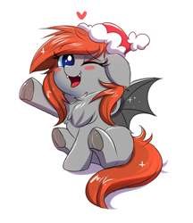 Size: 697x807 | Tagged: source needed, safe, artist:confetticakez, oc, oc only, oc:grem, species:bat pony, species:pegasus, species:pony, g4, chibi, christmas, clothing, cute, cute little fangs, fangs, female, fluffy, frog (hoof), hat, holiday, mare, ocbetes, one eye closed, santa hat, simple background, sitting, solo, underhoof, white background, wink