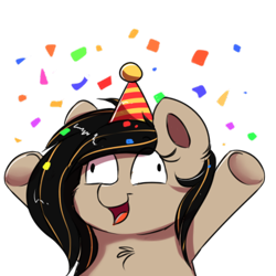 Size: 400x400 | Tagged: safe, artist:confetticakez, oc, oc only, oc:raven sun, species:earth pony, species:pony, g4, cheering, clothing, confetti, cute, female, frog (hoof), happy, hat, hooves up, mare, party hat, reaction image, simple background, solo, transparent background, underhoof