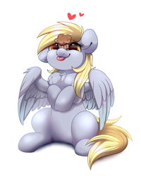 Size: 2000x2500 | Tagged: safe, artist:confetticakez, character:derpy hooves, species:pegasus, species:pony, g4, blep, chest fluff, cute, derpabetes, ear down, ear fluff, female, fluffy, food, heart, hooves up, mare, muffin, ponies balancing stuff on their nose, redraw, silly, simple background, sitting, solo, spread wings, tongue out, white background, wing fluff, wings