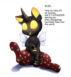 Size: 1674x1812 | Tagged: safe, alternate version, artist:confetticakez, oc, oc:honey, species:changeling, species:pony, g4, changeling oc, clothing, cute, cute little fangs, dialogue, fangs, female, freckles, glowing eyes, lifted leg, mare, ocbetes, simple background, sitting, socks, text, white background, wings, yellow changeling
