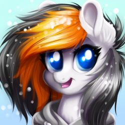 Size: 1000x1000 | Tagged: safe, artist:confetticakez, oc, oc:rainy sky, species:pegasus, species:pony, g4, bust, clothing, ear fluff, female, hoodie, looking at you, mare, portrait, snow, solo