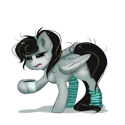 Size: 2000x2000 | Tagged: safe, artist:confetticakez, oc, oc only, species:pegasus, species:pony, g4, bed mane, clothing, coffee, cute, female, folded wings, mare, messy mane, simple background, sleepy, socks, solo, striped socks, tired, white background