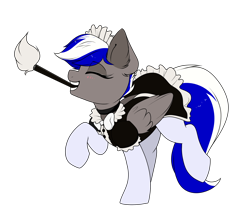 Size: 1952x1742 | Tagged: safe, artist:confetticakez, oc, oc:bassy, species:pegasus, species:pony, g4, bow, cleaning, clothing, crossdressing, cute, dancing, dress, eyes closed, femboy, folded wings, maid, male, ocbetes, simple background, socks, solo, stallion, stockings, thigh highs, transparent background, uniform