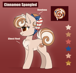 Size: 2000x1908 | Tagged: safe, artist:confetticakez, oc, oc:cinnamon spangled, species:earth pony, species:pony, g4, bandana, chest fluff, cinnamon bun, cute, female, fluffy, food, mare, ocbetes, patriotic, redesign, reference, reference sheet, solo