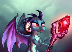 Size: 2000x1435 | Tagged: safe, artist:confetticakez, character:princess ember, species:dragon, episode:gauntlet of fire, g4, my little pony: friendship is magic, female, redraw, simple background, solo, staff, wings