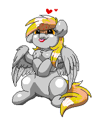 Size: 200x250 | Tagged: safe, artist:confetticakez, artist:ziggurat vertigo, character:derpy hooves, species:pony, g4, blep, cute, derpabetes, food, heart, manepxls, muffin, pixel art, ponies balancing stuff on their nose, pxls.space, silly, simple background, solo, tongue out, transparent background