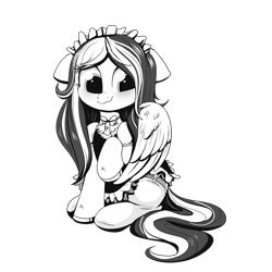 Size: 2000x2000 | Tagged: safe, artist:confetticakez, oc, oc only, oc:jet stream, species:pegasus, species:pony, g4, blushing, choker, clothing, cute, dress, embarrassed, floppy ears, maid, monochrome, shy, simple background, solo, transparent background