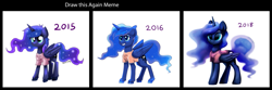Size: 1893x631 | Tagged: safe, artist:confetticakez, character:princess luna, species:alicorn, species:pony, g4, blame my sister, clothing, comparison, draw this again, drawing meme, folded wings, redraw, solo