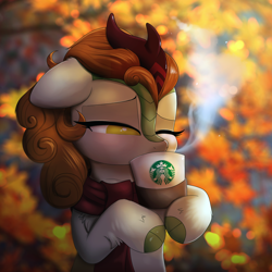Size: 2000x2000 | Tagged: safe, artist:confetticakez, character:autumn blaze, species:kirin, episode:sounds of silence, g4, my little pony: friendship is magic, autumn, awwtumn blaze, blushing, bust, clothing, cloven hooves, coffee, cup, cute, drinking, female, floppy ears, hoof hold, horn, leaves, mare, one eye closed, quadrupedal, scarf, solo, starbucks, steam, xk-class end-of-the-world scenario