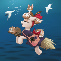 Size: 2000x2000 | Tagged: safe, artist:confetticakez, oc, oc:cinnamon spangled, species:bird, species:earth pony, species:pony, species:rabbit, species:seagull, g4, animal, bow, broom, cat, clothing, costume, crossover, eyes closed, female, flying, flying broomstick, kiki's delivery service, mare, ocean, solo, studio ghibli, witch