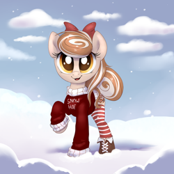 Size: 2000x2000 | Tagged: safe, artist:confetticakez, oc, oc only, oc:cinnamon spangled, species:earth pony, species:pony, g4, boots, bow, clothing, cute, female, mare, ocbetes, shoes, snow, socks, solo, striped socks, sweater, thigh highs, winter