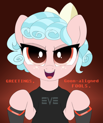 Size: 2000x2387 | Tagged: safe, artist:confetticakez, character:cozy glow, species:pegasus, species:pony, g4, adorabolical, bow, clothing, cozybetes, cute, eve online, evil grin, female, filly, foal, freckles, goonswarm, grin, shirt, simple background, smiling, solo, video game