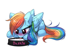 Size: 1622x1151 | Tagged: safe, alternate version, artist:confetticakez, character:rainbow dash, species:pegasus, species:pony, g4, behaving like a cat, blushing, catpony, cute, dashabetes, drinking, female, lapping, lying down, mare, milk, original species, pet, pet play, pony pet, sfw edit, simple background, solo, tongue out, tsundere, white background